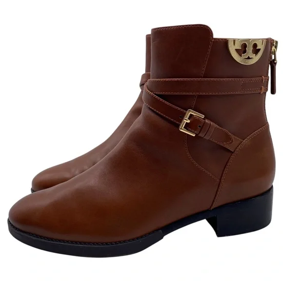 Tory Burch Womens Shoes Sidney Boots Sz 9 Brown Leather Ankle Logo Designer Chic - Picture 1 of 13